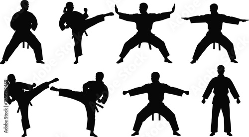 Set of Karate Silhouettes and Martial Arts Icons for Combat Sport Design Taekwondo Training Graphic and Fighter Poses Isolated on White Background