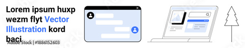 Digital communication, business tools, UI design elements, messaging apps, online browsing, modern media. Chat interface and laptop screen. Digital communication and business tools concept
