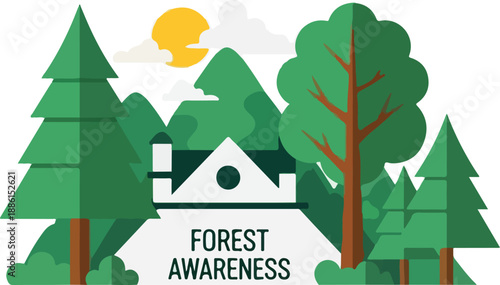 Illustration of a house surrounded by trees in a forest with a forest awareness message