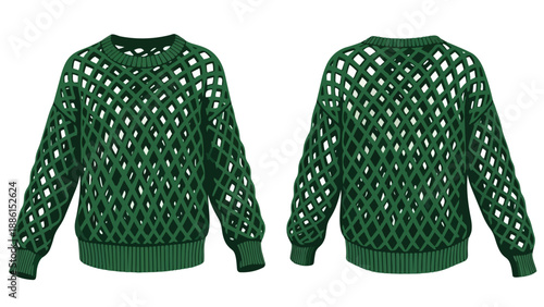 Stylish green open-knit long-sleeve sweater featuring a unique diamond-patterned design, perfect for fashion concepts and apparel mockups.