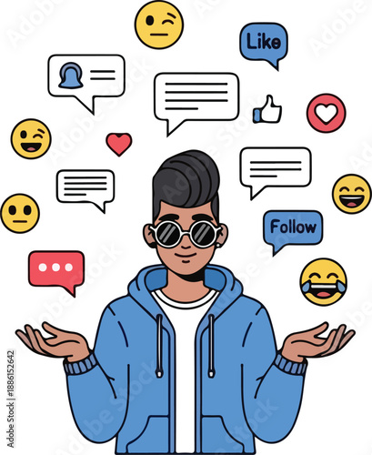 A young man surrounded by social media icons and emojis in a digital landscape from a frontal viewpoint