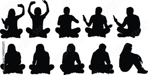 Set of People Silhouettes Sitting Cross Legged and Using Smartphones Taking Selfies and Texting Isolated on White Background for Digital Technology