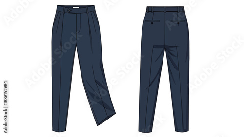 Classic Navy Blue Men's Trousers Front and Back Flat Lay Vector Illustration for Apparel Design