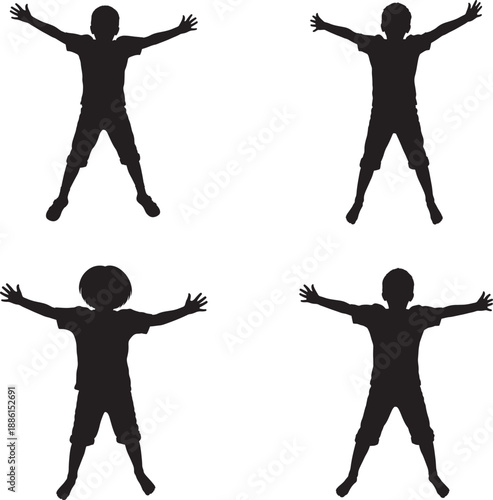 Four black silhouette figures jumping with arms outstretched in different poses