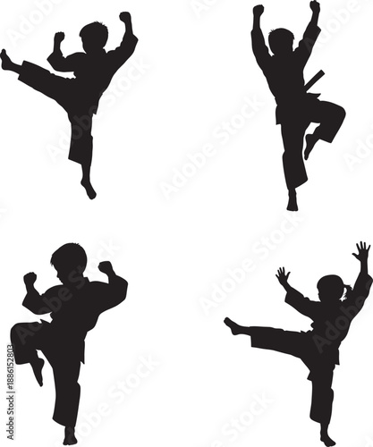 Martial arts silhouette postures with four different kicking stances silhouette