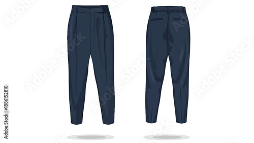 Deep navy blue pleated trousers vector, showing front and back. Ideal for fashion design, retail display, or garment specification. A modern, clean