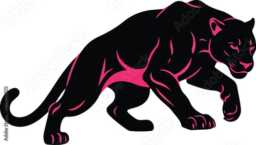 A bold graphic illustration of a black panther with striking hyper pink highlights, captured in a powerful, stalking pose.