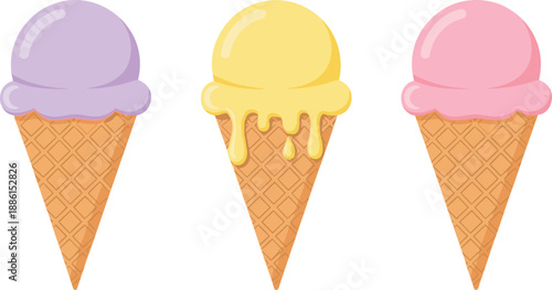 Vector illustration set featuring pastel ice cream cones in lavender lemon and strawberry flavors with realistic melting details