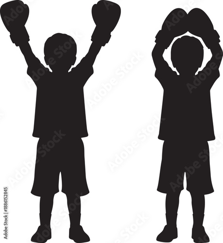 Two black silhouette children boxers in victory poses