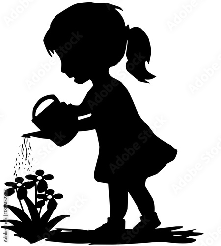 silhouette of a little girl watering a flower plant