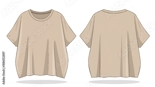 Flat lay technical drawing of a blank beige oversized short-sleeve t-shirt, front and back views for fashion design mockups.