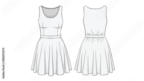 Versatile Sleeveless A-line Dress Technical Flat Sketch with Front and Back Views for Fashion Design Development