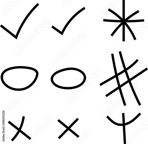 Collection of hand-drawn black symbols including checkmarks circles crosses