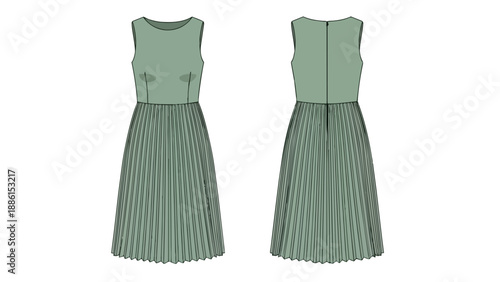 Elegant sleeveless dress flat technical drawing showcasing front and back views with pleated skirt design