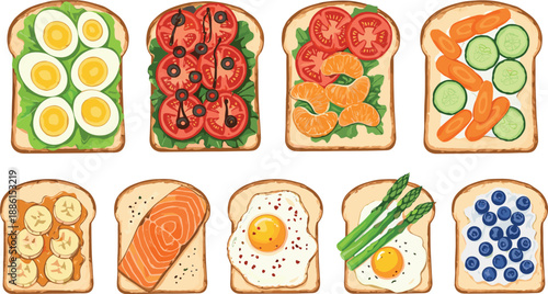Vector illustration set featuring nine healthy toast varieties with fruits vegetables eggs salmon and blueberries for cafe menus