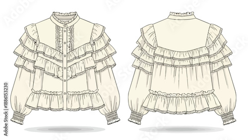 Vintage style blouse technical drawing with intricate ruffles, high collar, and voluminous sleeves. A detailed fashion flat sketch for garment