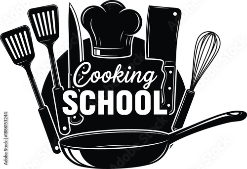 Professional cooking school emblem vector illustration with chef hat kitchen utensils frying pan and bold culinary education typography