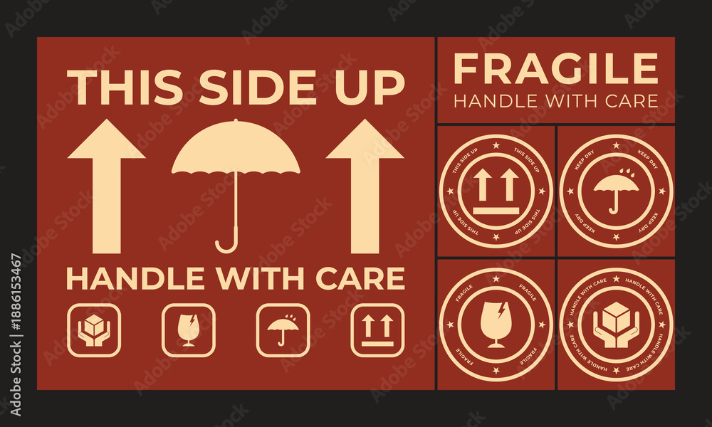 Fototapeta premium Red Background Shipping Instructions Collage: This Side Up Arrows Umbrella, Fragile Glass Box Handle Care Beige Icons