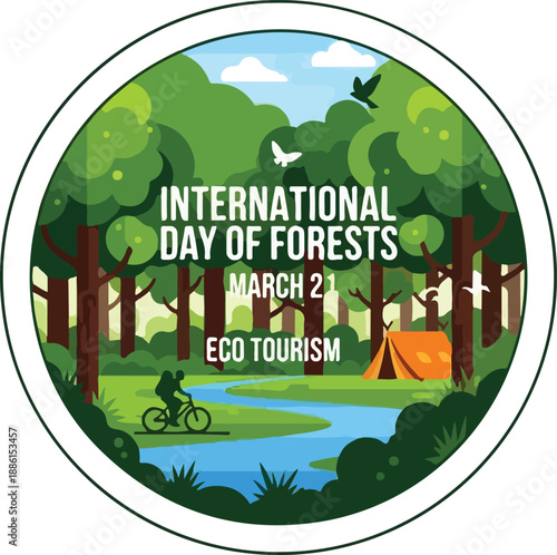 Celebrating International Day of Forests with eco-tourism activities in a serene forest landscape from a bird's eye view