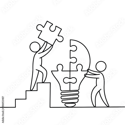 Teamwork builds a bright idea people connecting puzzle pieces together