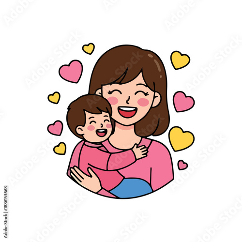 Happy Mother and Child Love Hug Illustration
