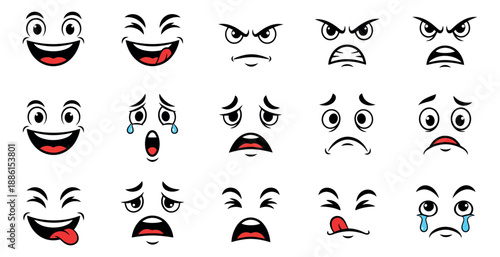 Cartoon facial expressions set featuring a range of emotional moods for communication and design projects