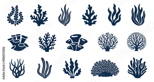 Stylized underwater plant set featuring various marine plants and coral shapes for oceanic and aquatic designs