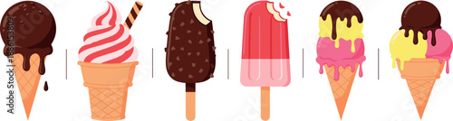 Vector illustration set featuring premium ice cream cones chocolate-coated popsicles and soft serve for summer cafe dessert menus