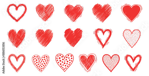 Hand drawn hearts set featuring varied scribbled, dotted, and outline designs for love, valentine's day, and romantic decoration