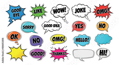 Pop art comic speech bubble set featuring various colorful shapes and text expressions for communication and social media graphics