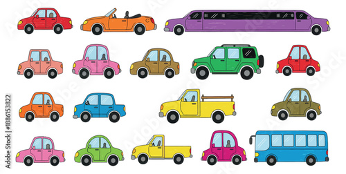 Hand drawn cartoon vehicle set featuring various colorful cars and a bus for kids design