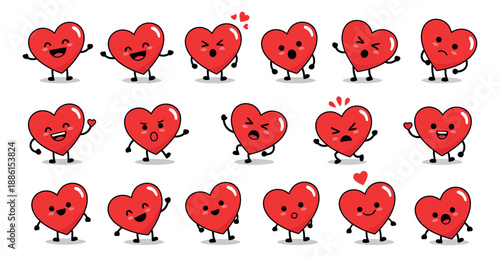 Cute cartoon heart character set featuring diverse emotions and gestures for love and relationship themes