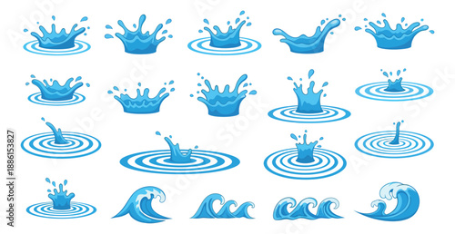 Cartoon style water splash and wave set featuring various liquid splashes, ripples, and ocean waves for refreshing design