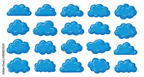 Hand drawn cartoon cloud set featuring various blue shapes for weather and design