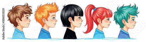 Colorful cartoon character set featuring five diverse young people in profile for depicting youth and individuality