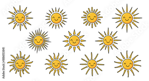 Cute hand drawn line art sun icons set featuring smiling faces and various ray designs for summer season and cheerful designs
