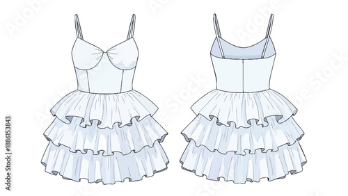 Detailed fashion blueprint of a tiered ruffle mini dress featuring delicate spaghetti straps and a gracefully ruched bustline design ideal for