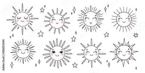 Hand drawn line art sun and stars set featuring cute celestial elements with various expressions for children's designs