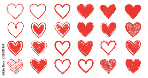 Hand drawn and textured heart set featuring various red love symbols for romantic designs