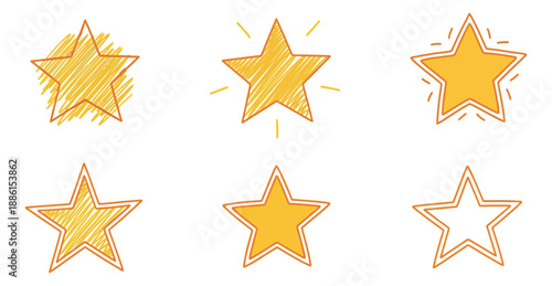 Hand drawn line art star set featuring various yellow stars with scribble fill and glowing effects for ratings and decoration