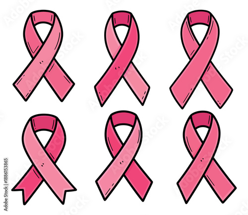 Hand drawn line art pink ribbon set featuring awareness symbols for breast cancer support