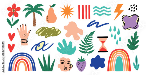 Abstract hand drawn elements set featuring diverse nature, weather, and artistic shapes for modern design projects