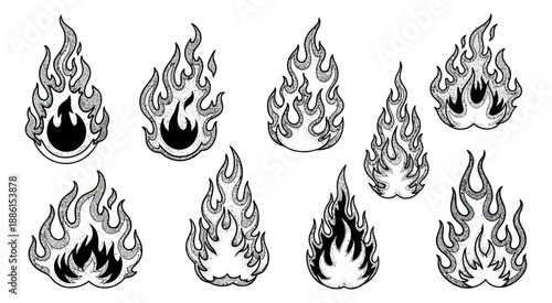 Stipple style hand drawn flames set featuring dynamic fire elements for retro graphic design