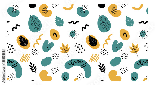 Modern abstract hand drawn design elements set featuring organic shapes, leaves, and doodle accents for trendy patterns and nature-inspired projects