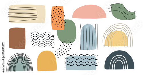 Boho hand drawn abstract elements set featuring organic shapes, rainbows and line art patterns for modern design