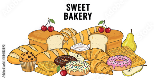 Hand drawn line art bakery set featuring bread, pastries, donuts, waffles and fruits for a sweet shop