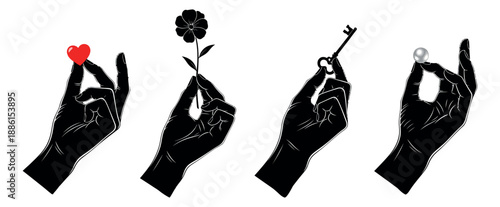 Hand drawn symbolic hand illustration set featuring a heart, flower, key, and pearl for concepts of love, hope, secrets, and value