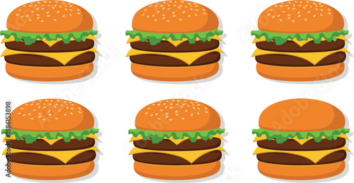 Vector illustration set featuring realistic double cheeseburgers with melted cheese lettuce and tomato on sesame and plain buns