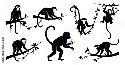 Simple silhouette monkey set featuring primates in various poses on tree branches, with one eating a banana for wildlife themes and children's illustrations