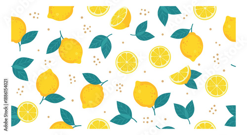 Vibrant flat design illustration of lemon pattern depicting whole fruits, halves, slices, and leaves for summer textile design and food packaging
